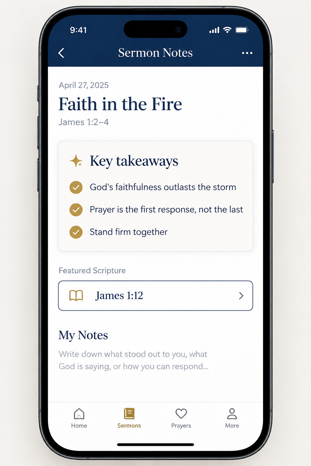 AI sermon summary screen with key takeaways and the featured scripture James 1:12