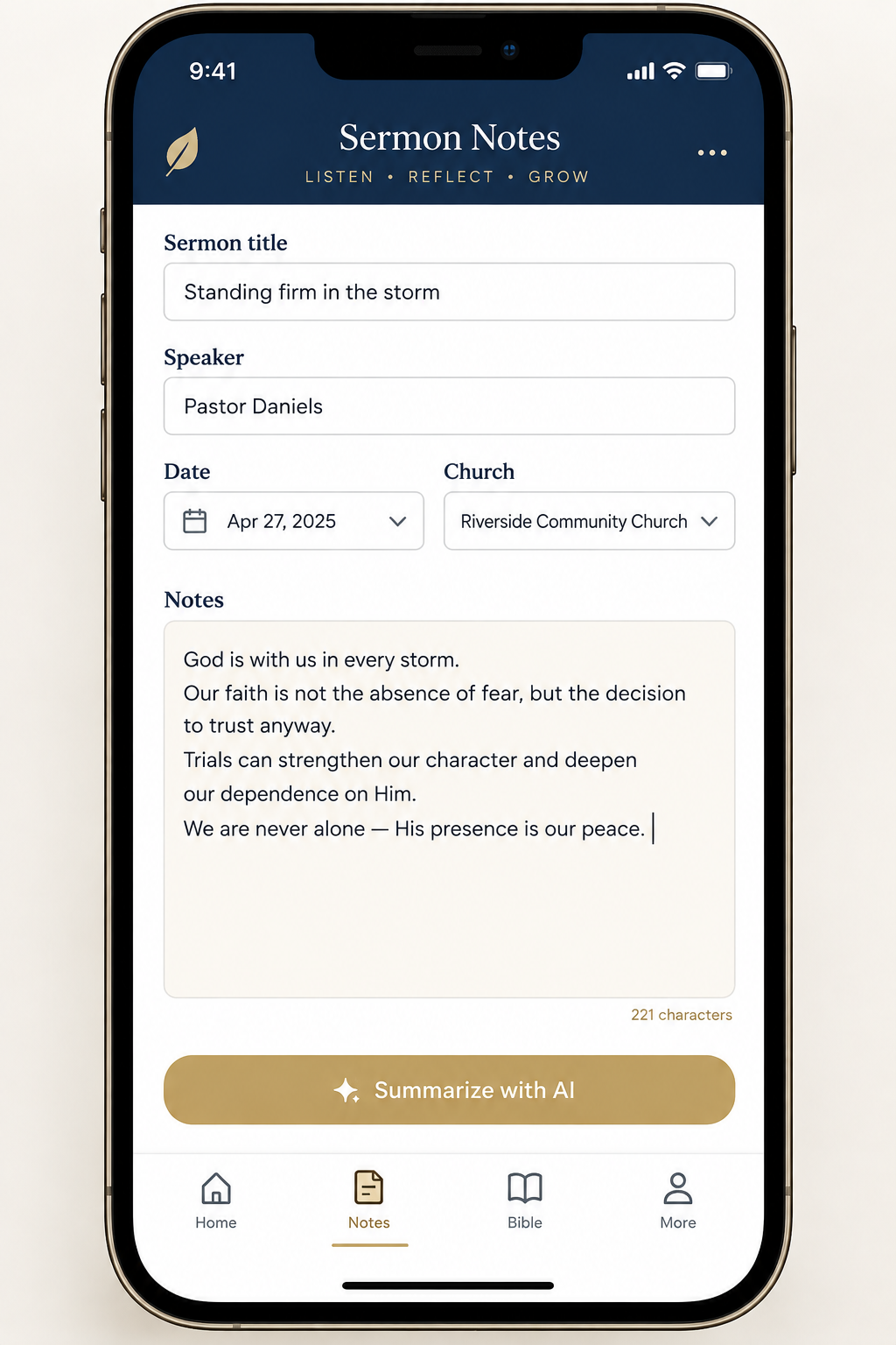 Sermon notes app screen for logging a sermon title, speaker, date, church and notes