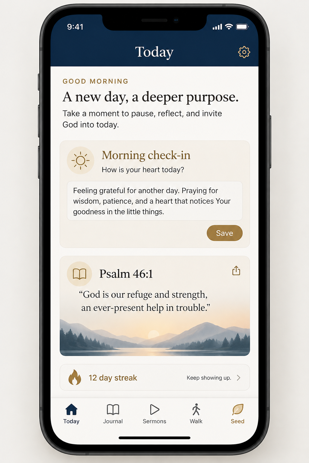 Today screen with morning check-in, a Psalm 46:1 scripture card and a 12-day streak